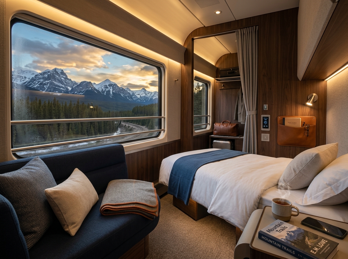Private sleeper roomette cabin interior with scenic view